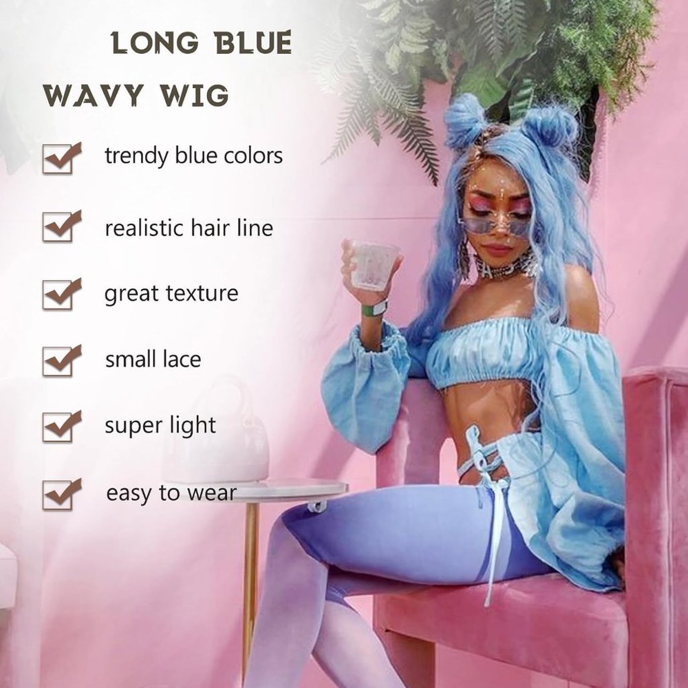 26 INCH Long Blue Wavy Middle Part Wig - Picture 2 of 5
